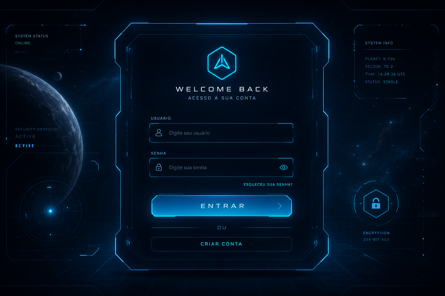 Uma área de login com interface futurista usando design sci-fi ui
